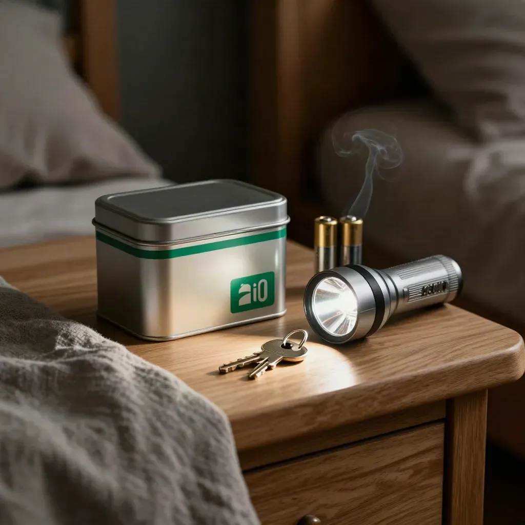 Linterna iluminando un bote de emergencia, pilas y una llave sobre un banco de cama en un apagón.