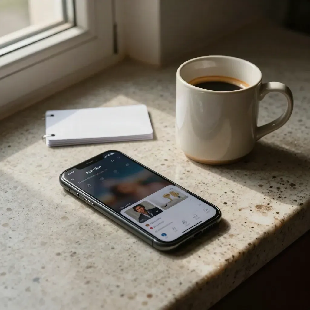 Vista cenital de un móvil con app de inversión, taza y tarjetas sobre una encimera de piedra.